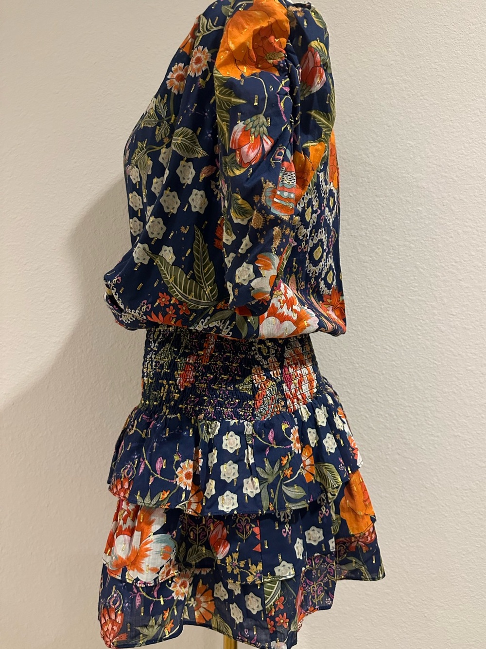 Amanda Uprichard Navy Floral Wrap Mini Dress with Orange & Green Accents - Picture 4 of 7